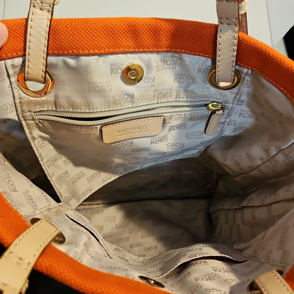 Michael Kors Large Orange Canvas Tote Beige Leather Handles